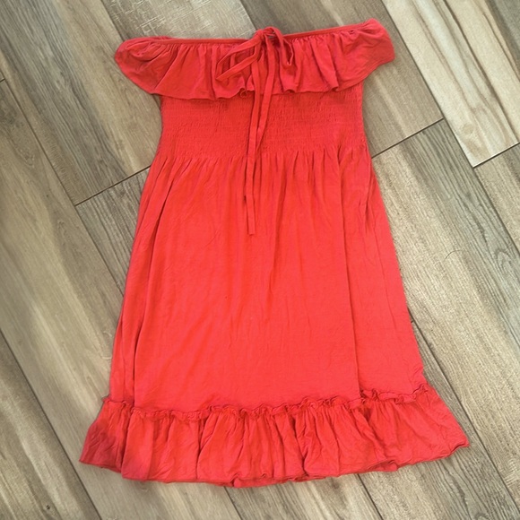 Coral smocked strapless summer dress - Picture 1 of 4